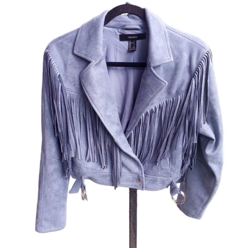 Blue suede western fringed waist short jacket